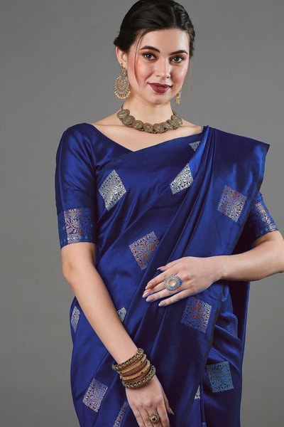 Square Zari Butti Banarasi Soft Silk Saree with Copper and Silver Brocade Pallu in Surat