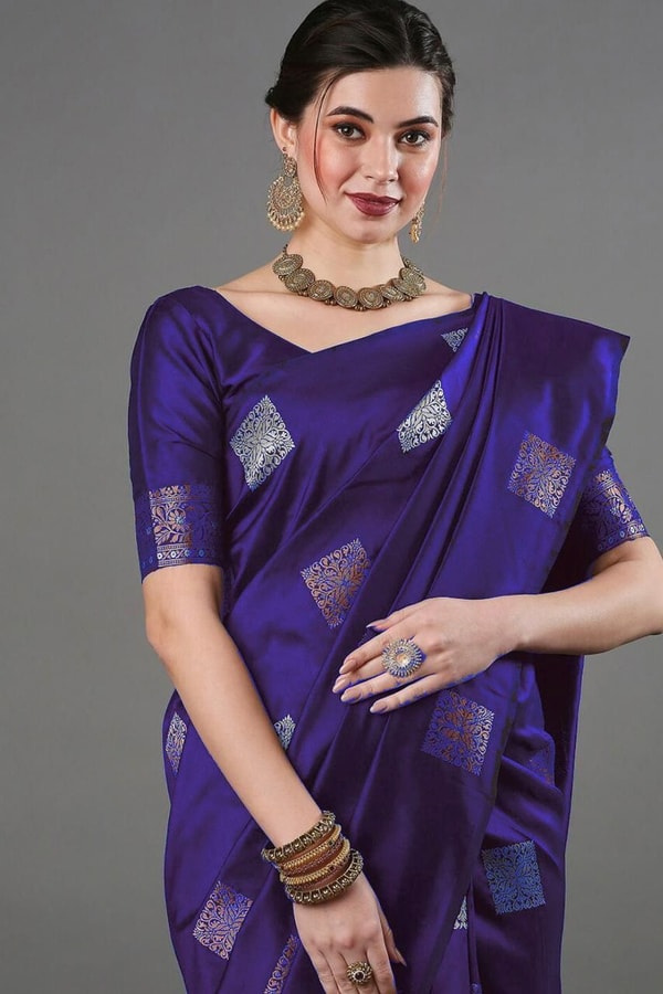 Square Zari Butti Banarasi Soft Silk Saree with Copper and Silver Brocade Pallu  in Surat