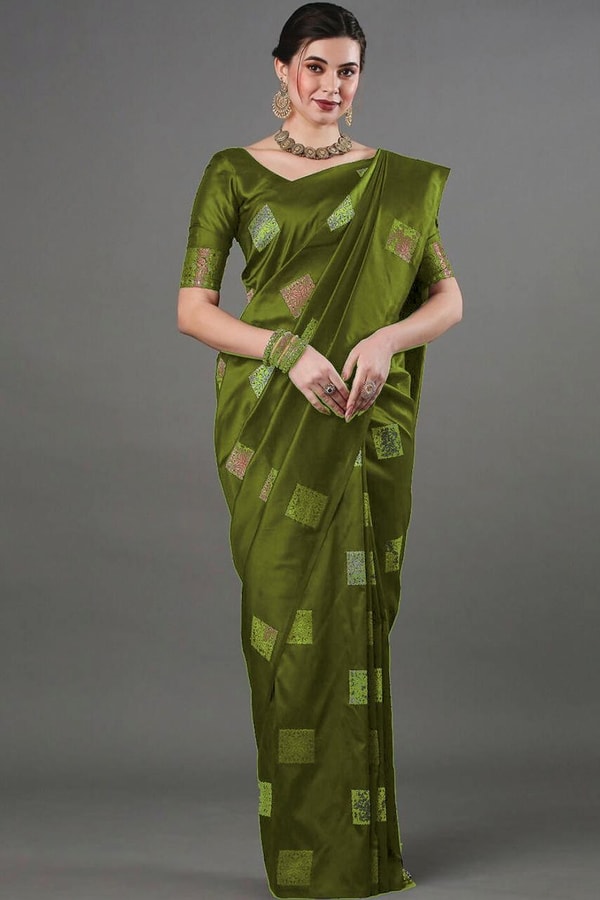 Square Zari Butti Banarasi Soft Silk Saree with Copper and Silver Brocade Pallu  in Surat