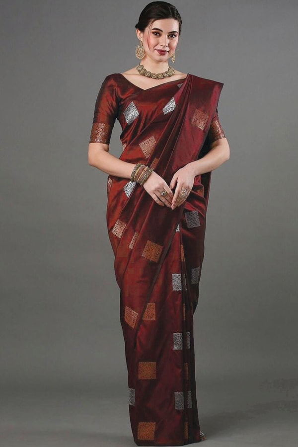 Square Zari Butti Banarasi Soft Silk Saree with Copper and Silver Brocade Pallu  in Surat