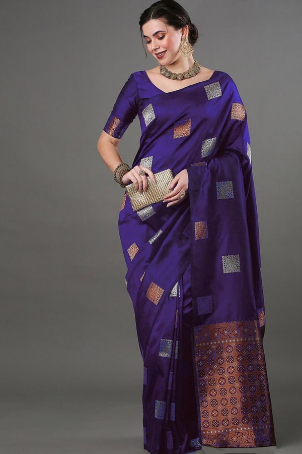 Square Zari Butti Banarasi Soft Silk Saree with Copper and Silver Brocade Pallu  in Surat