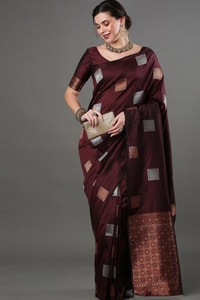 Square Zari Butti Banarasi Soft Silk Saree with Copper and Silver Brocade Pallu  in Surat