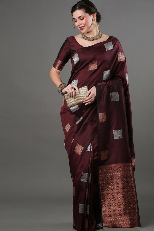 Square Zari Butti Banarasi Soft Silk Saree with Copper and Silver Brocade Pallu  in Surat