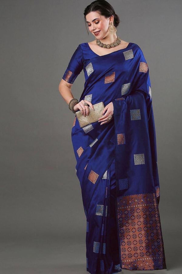 Square Zari Butti Banarasi Soft Silk Saree with Copper and Silver Brocade Pallu  in Surat