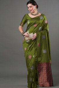 Square Zari Butti Banarasi Soft Silk Saree with Copper and Silver Brocade Pallu  in Surat