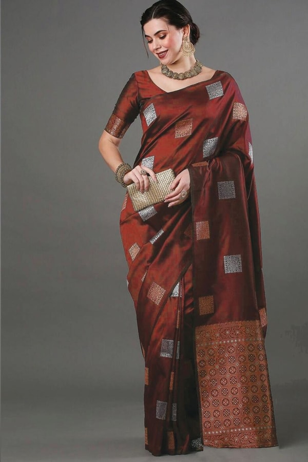 Square Zari Butti Banarasi Soft Silk Saree with Copper and Silver Brocade Pallu  in Surat