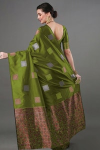 Square Zari Butti Banarasi Soft Silk Saree with Copper and Silver Brocade Pallu  in Surat