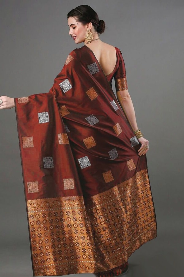 Square Zari Butti Banarasi Soft Silk Saree with Copper and Silver Brocade Pallu  in Surat