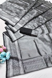 Steel Grey and Black Banarasi Soft Silk Saree with Silver Zari Weaving and Temple Border  in Surat