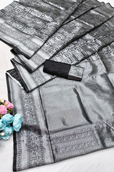 Steel Grey and Black Banarasi Soft Silk Saree with Silver Zari Weaving and Temple Border in Surat