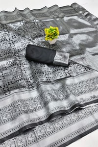 Steel Grey and Black Banarasi Soft Silk Saree with Silver Zari Weaving and Temple Border  in Surat