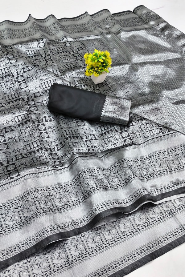 Steel Grey and Black Banarasi Soft Silk Saree with Silver Zari Weaving and Temple Border  in Surat