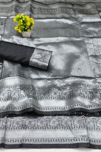 Steel Grey and Black Banarasi Soft Silk Saree with Silver Zari Weaving and Temple Border  in Surat