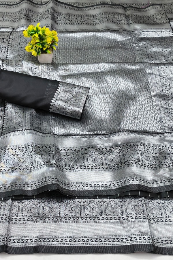 Steel Grey and Black Banarasi Soft Silk Saree with Silver Zari Weaving and Temple Border  in Surat