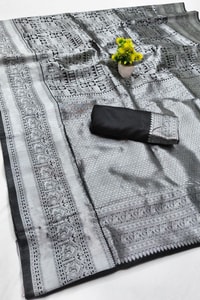 Steel Grey and Black Banarasi Soft Silk Saree with Silver Zari Weaving and Temple Border  in Surat