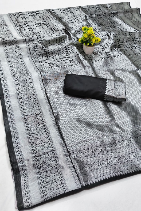 Steel Grey and Black Banarasi Soft Silk Saree with Silver Zari Weaving and Temple Border  in Surat