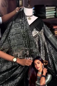 Steel Grey and Black Banarasi Soft Silk Saree with Silver Zari Weaving and Temple Border  in Surat