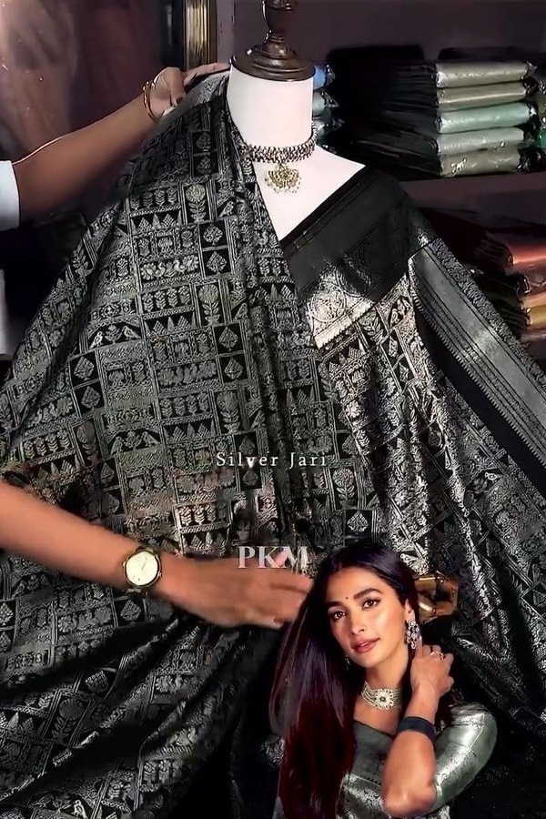 Steel Grey and Black Banarasi Soft Silk Saree with Silver Zari Weaving and Temple Border  in Surat