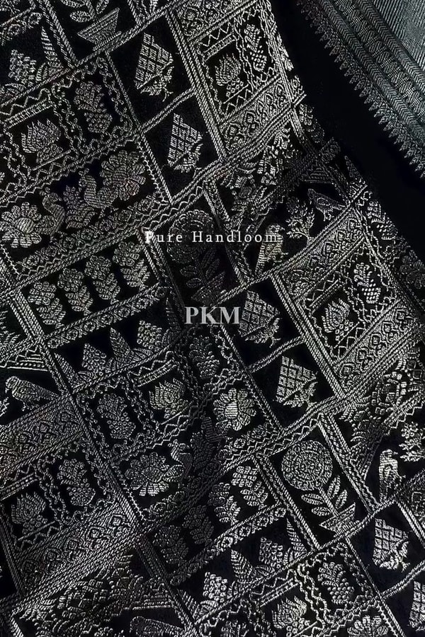 Steel Grey and Black Banarasi Soft Silk Saree with Silver Zari Weaving and Temple Border  in Surat