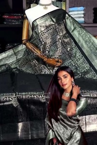 Steel Grey and Black Banarasi Soft Silk Saree with Silver Zari Weaving and Temple Border  in Surat video 1