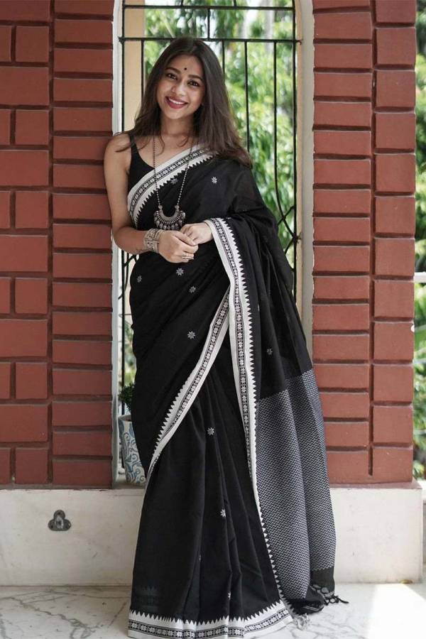 Stylish Party Looks Soft Cotton Saree with Small Border and Allovar Buti  in Surat