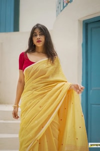 Sunshine Yellow Linen-Look Soft Cotton Saree with Fine Stripes and Red Tassel Pallu  in Surat