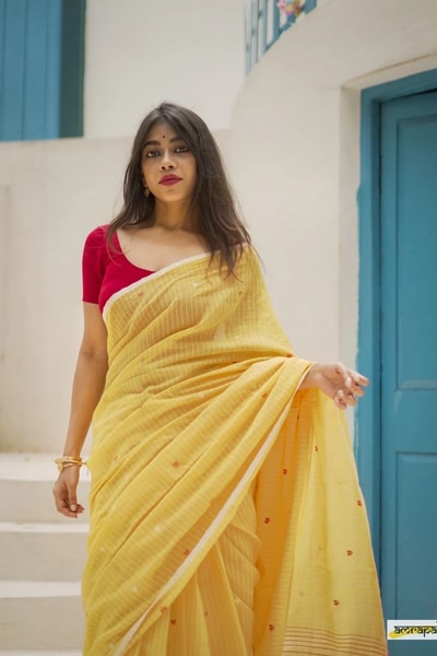 Sunshine Yellow Linen-Look Soft Cotton Saree with Fine Stripes and Red Tassel Pallu in Surat