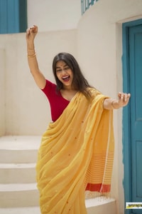 Sunshine Yellow Linen-Look Soft Cotton Saree with Fine Stripes and Red Tassel Pallu  in Surat
