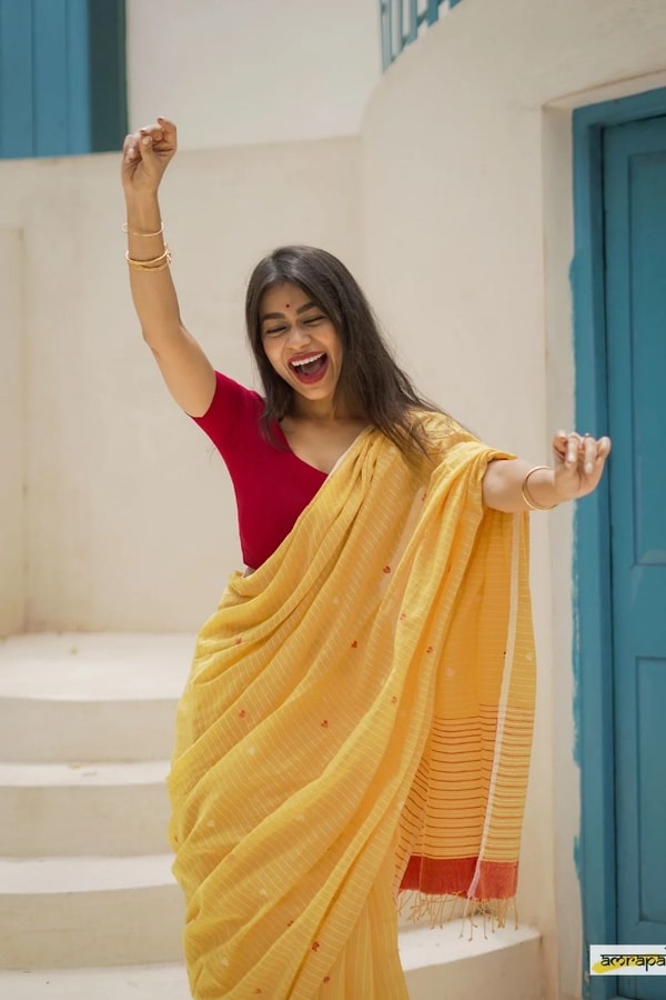 Sunshine Yellow Linen-Look Soft Cotton Saree with Fine Stripes and Red Tassel Pallu  in Surat