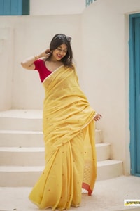 Sunshine Yellow Linen-Look Soft Cotton Saree with Fine Stripes and Red Tassel Pallu  in Surat