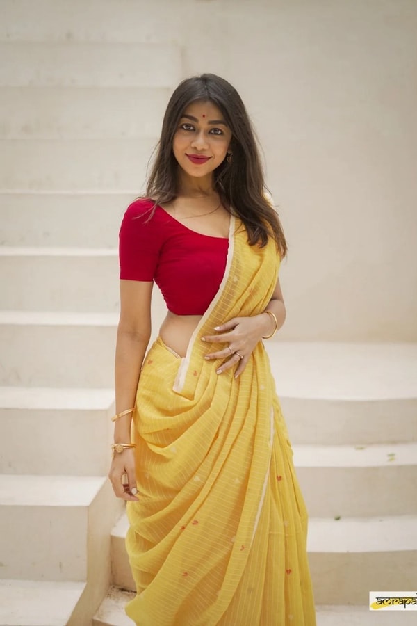 Sunshine Yellow Linen-Look Soft Cotton Saree with Fine Stripes and Red Tassel Pallu  in Surat
