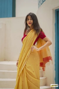 Sunshine Yellow Linen-Look Soft Cotton Saree with Fine Stripes and Red Tassel Pallu  in Surat