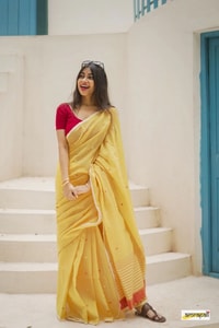 Sunshine Yellow Linen-Look Soft Cotton Saree with Fine Stripes and Red Tassel Pallu  in Surat