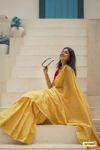 Sunshine Yellow Linen-Look Soft Cotton Saree with Fine Stripes and Red Tassel Pallu  in Surat