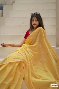 Sunshine Yellow Linen-Look Soft Cotton Saree with Fine Stripes and Red Tassel Pallu  in Surat