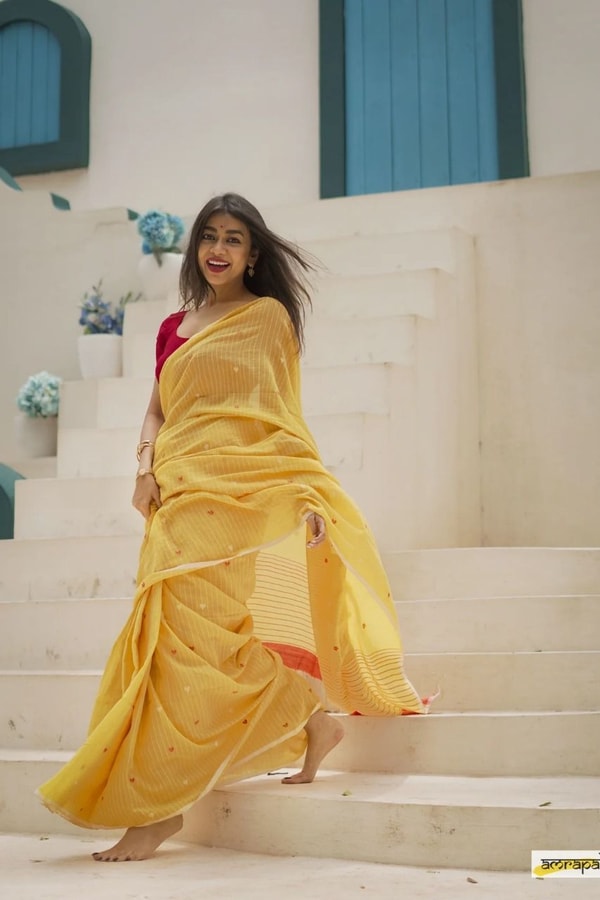 Sunshine Yellow Linen-Look Soft Cotton Saree with Fine Stripes and Red Tassel Pallu  in Surat
