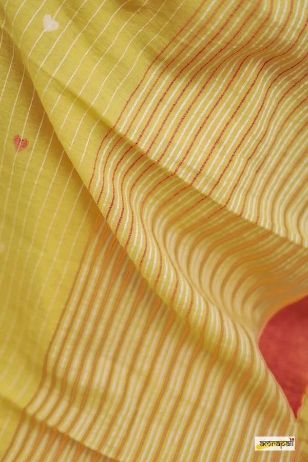 Sunshine Yellow Linen-Look Soft Cotton Saree with Fine Stripes and Red Tassel Pallu  in Surat