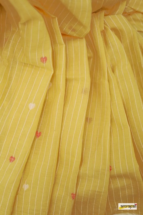 Sunshine Yellow Linen-Look Soft Cotton Saree with Fine Stripes and Red Tassel Pallu  in Surat