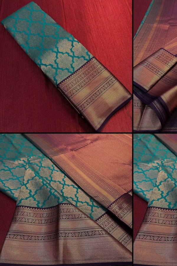 Teal Blue Banarasi Soft Silk Saree with Copper Zari Brocade Jaal and Heavy Woven Border  in Surat
