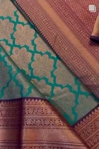 Teal Blue Banarasi Soft Silk Saree with Copper Zari Brocade Jaal and Heavy Woven Border  in Surat video 1