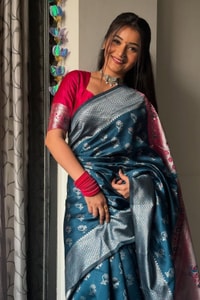 Teal Blue Banarasi Soft Silk Saree with Silver Zari Motifs and Contrast Pink Woven Pallu  in Surat