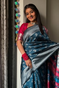 Teal Blue Banarasi Soft Silk Saree with Silver Zari Motifs and Contrast Pink Woven Pallu  in Surat