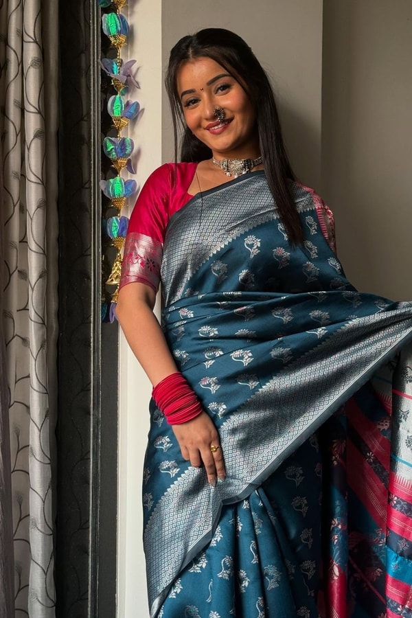 Teal Blue Banarasi Soft Silk Saree with Silver Zari Motifs and Contrast Pink Woven Pallu  in Surat