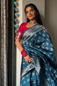 Teal Blue Banarasi Soft Silk Saree with Silver Zari Motifs and Contrast Pink Woven Pallu  in Surat