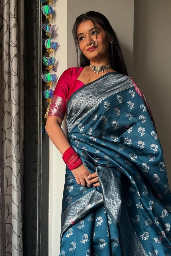 Teal Blue Banarasi Soft Silk Saree with Silver Zari Motifs and Contrast Pink Woven Pallu  in Surat