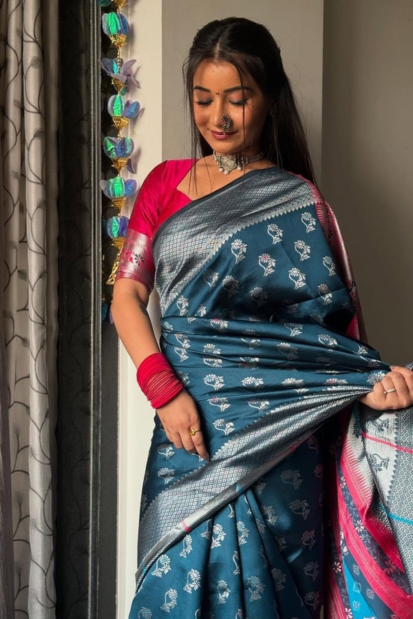 Teal Blue Banarasi Soft Silk Saree with Silver Zari Motifs and Contrast Pink Woven Pallu  in Surat