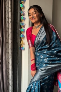 Teal Blue Banarasi Soft Silk Saree with Silver Zari Motifs and Contrast Pink Woven Pallu  in Surat