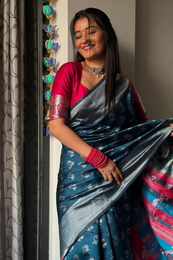 Teal Blue Banarasi Soft Silk Saree with Silver Zari Motifs and Contrast Pink Woven Pallu  in Surat