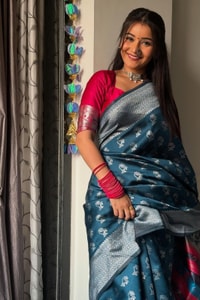 Teal Blue Banarasi Soft Silk Saree with Silver Zari Motifs and Contrast Pink Woven Pallu  in Surat