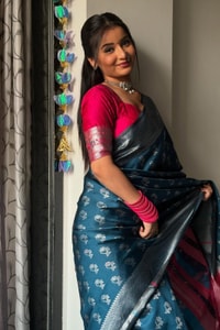 Teal Blue Banarasi Soft Silk Saree with Silver Zari Motifs and Contrast Pink Woven Pallu  in Surat
